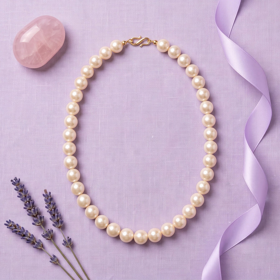 10 MM Round Pearl Mala Necklace for Women – 18 Inch White Pearl Necklace with Gold-Tone Clasp