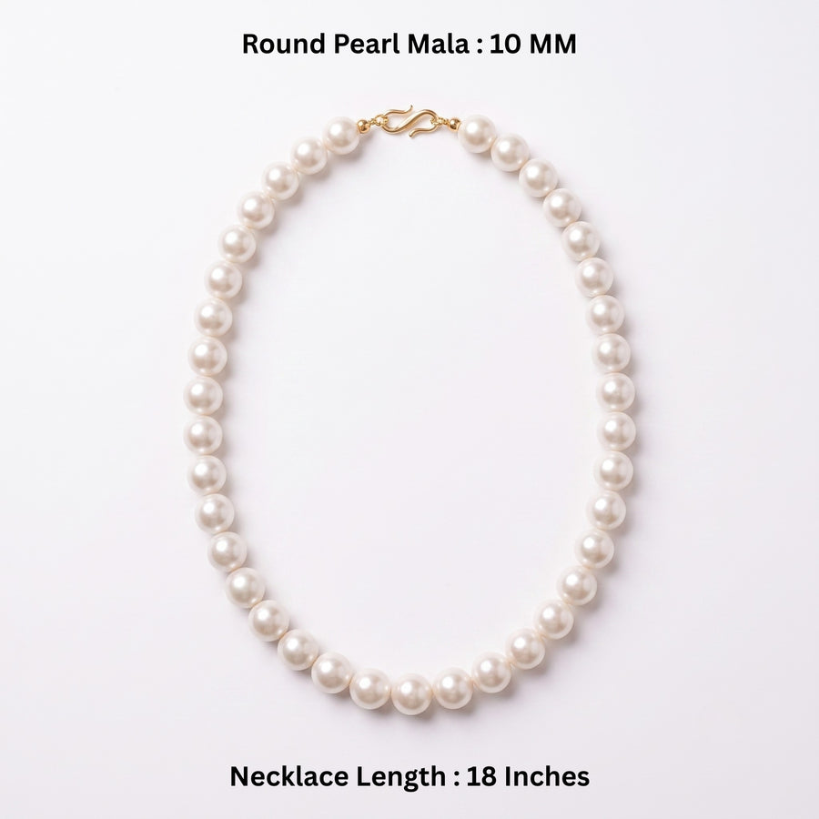 10 MM Round Pearl Mala Necklace for Women – 18 Inch White Pearl Necklace with Gold-Tone Clasp
