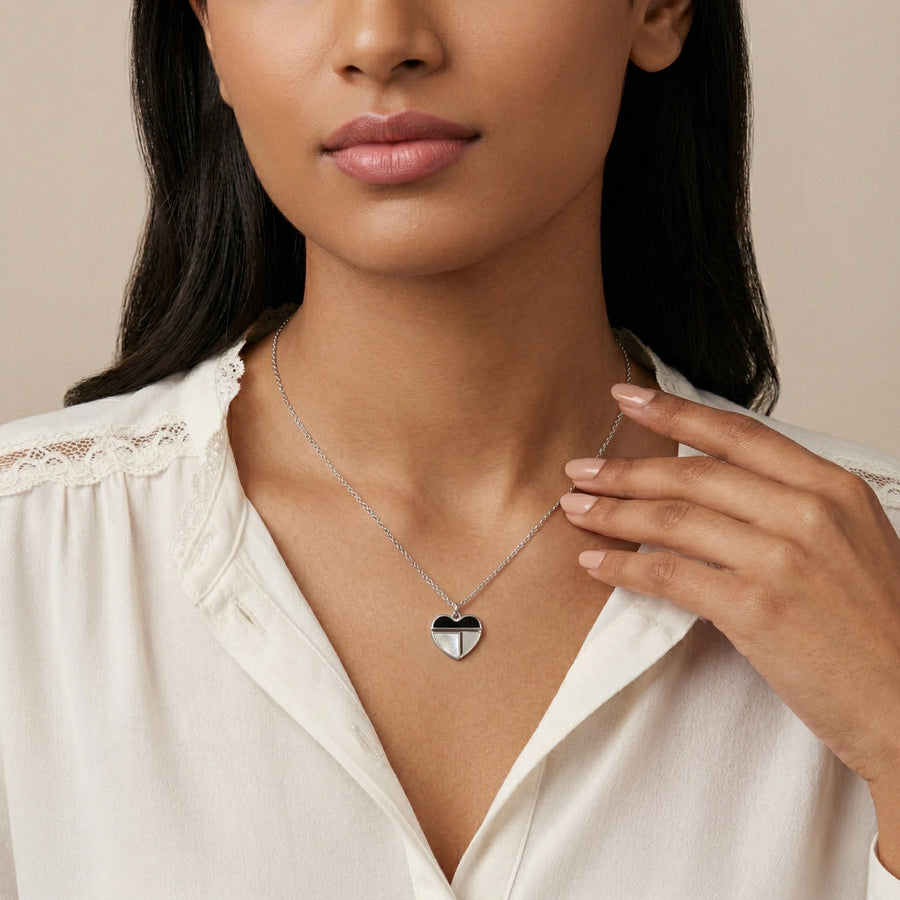 925 Silver Geometric Heart Pendant Necklace – Mother of Pearl & Enamel Minimalist Design