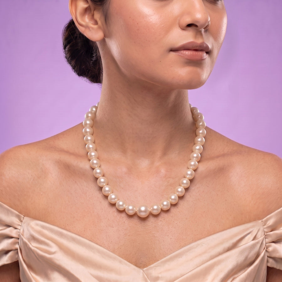 Classic Freshwater Pearl Necklace – Round Graduated Pearls with Gold-Plated Clasp | 18-Inch Mala