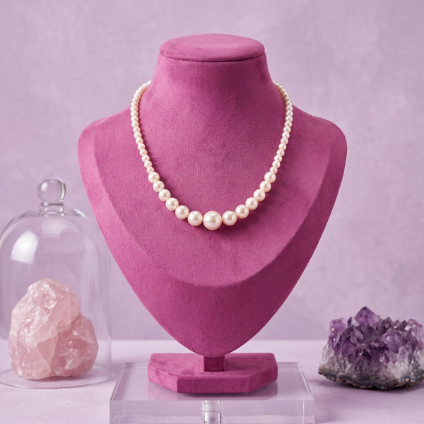 Freshwater Pearl Graduated Necklace – Round Pearls, 18-Inch Classic Mala with Gold-Tone Clasp
