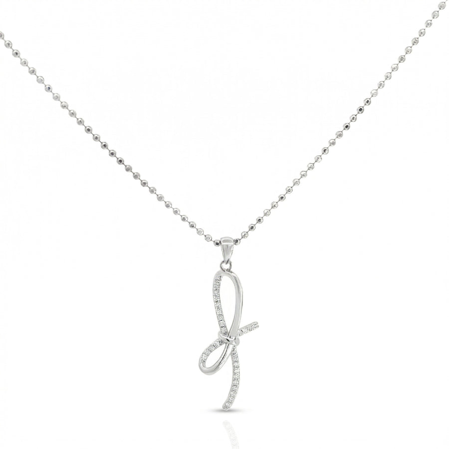 925 Silver Ribbon Bow Pendant Necklace – Minimalist Crystal Accent Elegant Jewelry