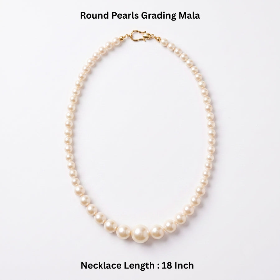 Freshwater Pearl Graduated Necklace – Round Pearls, 18-Inch Classic Mala with Gold-Tone Clasp