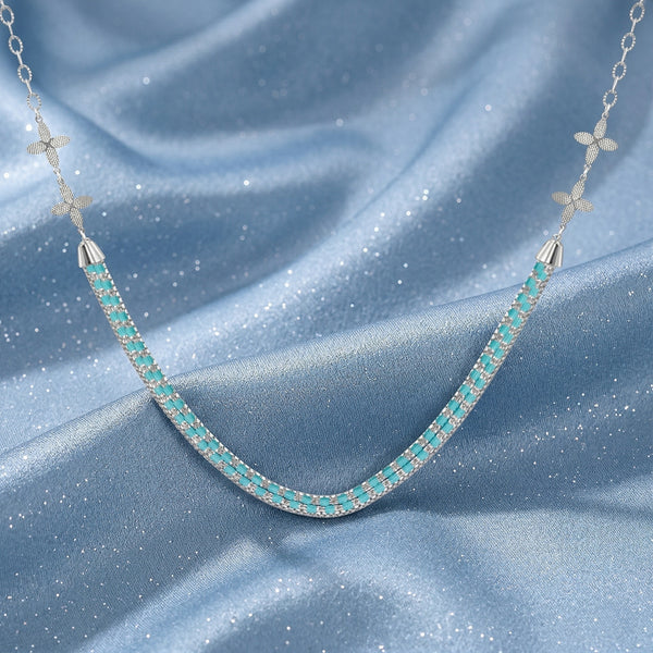 925 Silver Turquoise Tennis Necklace – Floral Accent Statement Chain Necklace