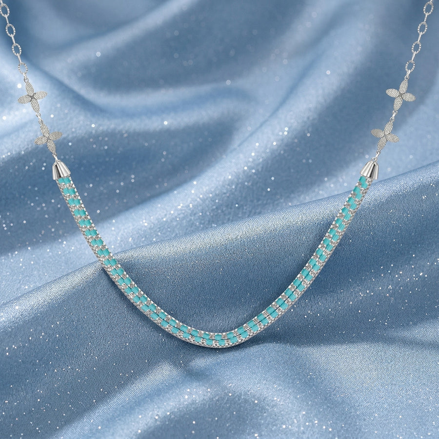 925 Silver Turquoise Tennis Necklace – Floral Accent Statement Chain Necklace