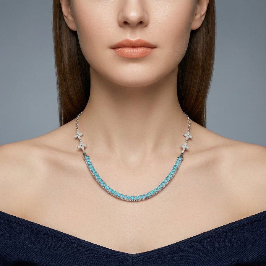 925 Silver Turquoise Tennis Necklace – Floral Accent Statement Chain Necklace