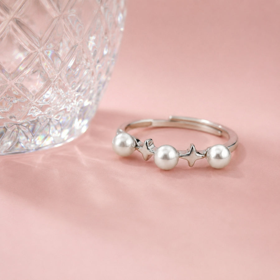 925 Sterling Silver Pearl & Star Adjustable Ring