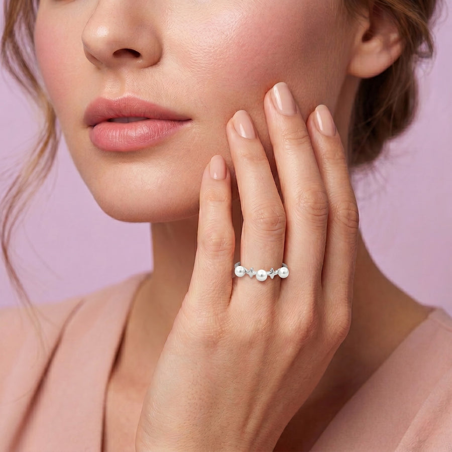 925 Sterling Silver Pearl & Star Adjustable Ring
