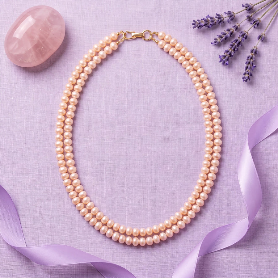Freshwater Button Pearl Double-Strand Necklace – 4–5mm Peach Pearls, 20-Inch Layered Mala