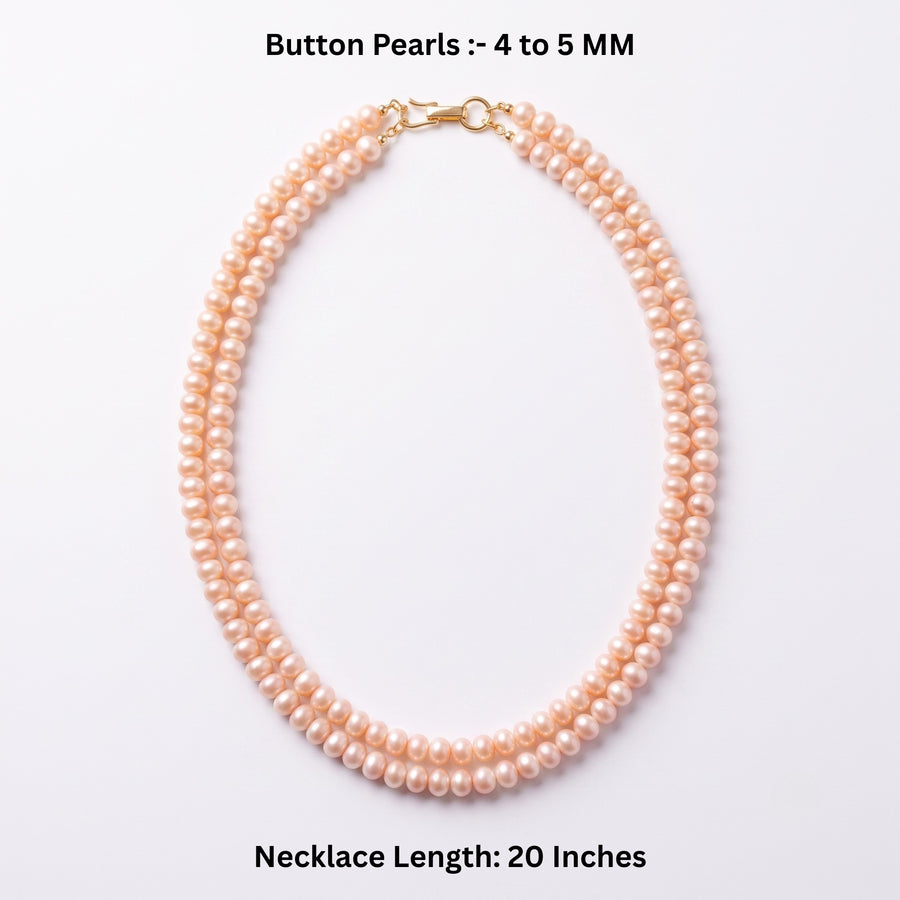 Freshwater Button Pearl Double-Strand Necklace – 4–5mm Peach Pearls, 20-Inch Layered Mala