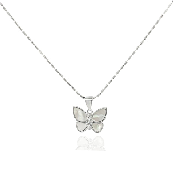 925 Silver Butterfly Necklace – Mother of Pearl Crystal Accent Pendant