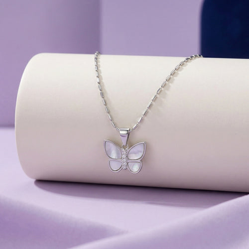 925 Silver Butterfly Necklace – Mother of Pearl Crystal Accent Pendant