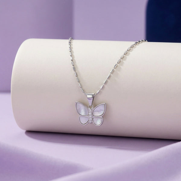 925 Silver Butterfly Necklace – Mother of Pearl Crystal Accent Pendant