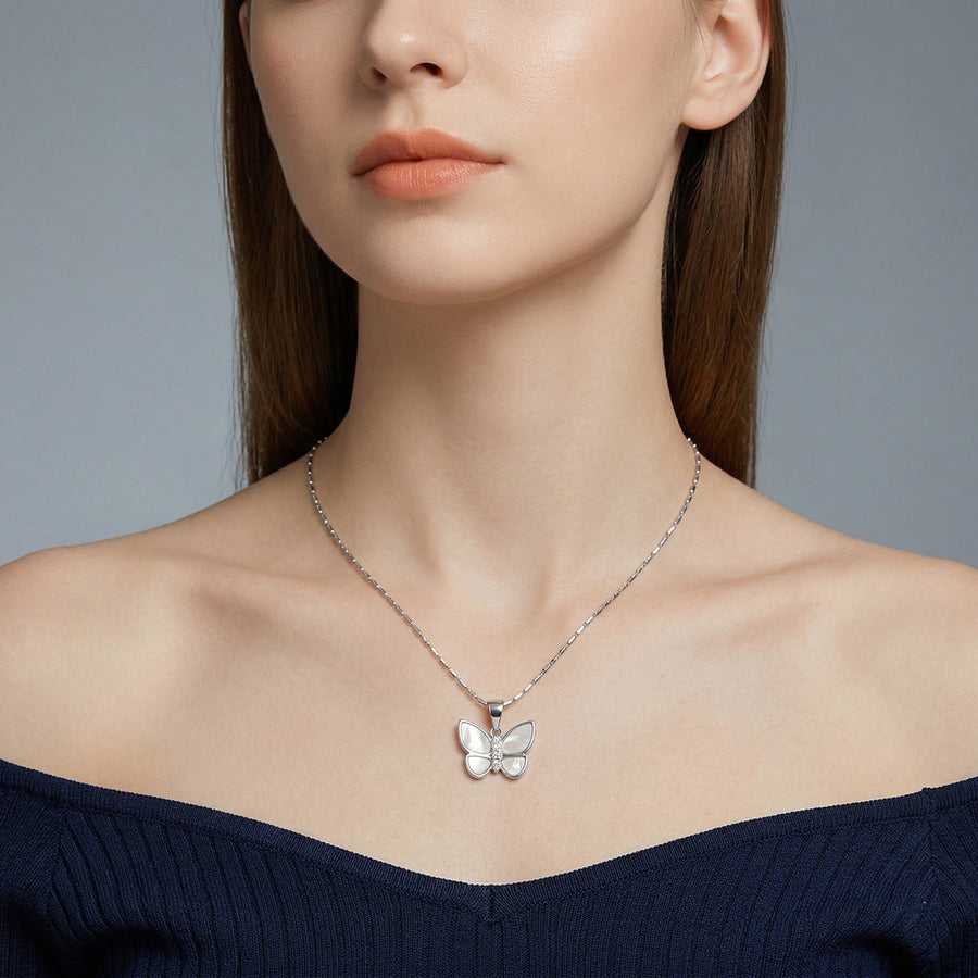 925 Silver Butterfly Necklace – Mother of Pearl Crystal Accent Pendant
