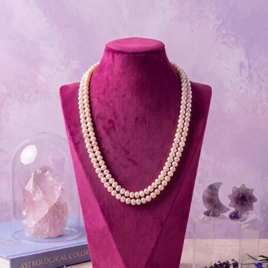 Freshwater Button Pearl Double-Strand Necklace – 4–5mm Pearls, 20-Inch Classic Mala
