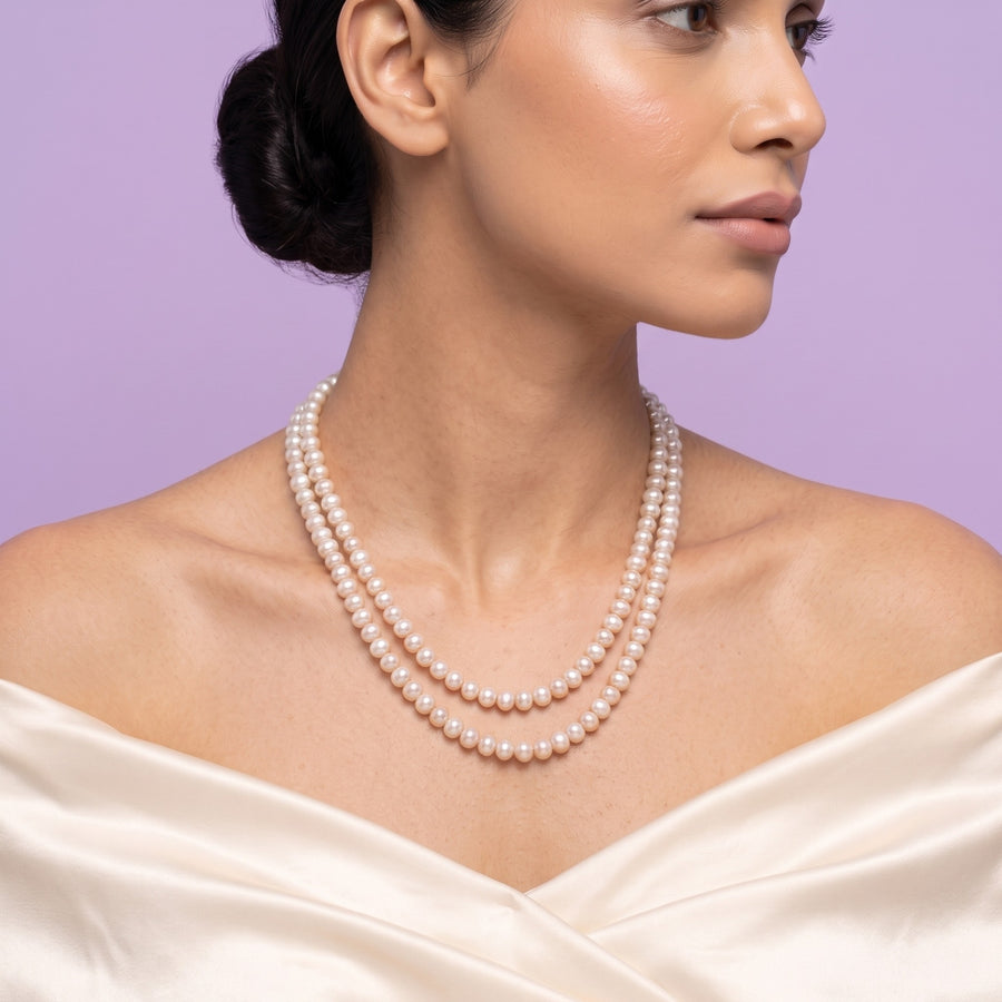 Freshwater Button Pearl Double-Strand Necklace – 4–5mm Pearls, 20-Inch Classic Mala