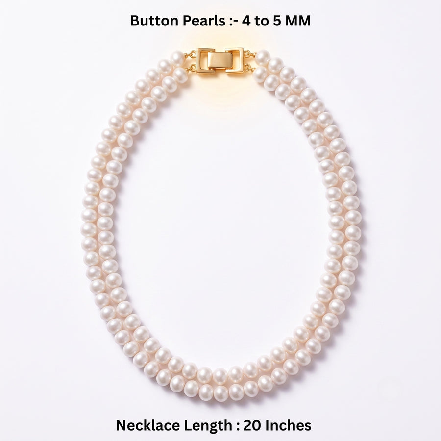Freshwater Button Pearl Double-Strand Necklace – 4–5mm Pearls, 20-Inch Classic Mala