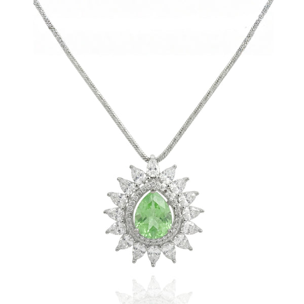 925 Silver Pear-Cut Green Gemstone Halo Necklace – Luxury Statement Pendant with Sparkling Crystal Frame