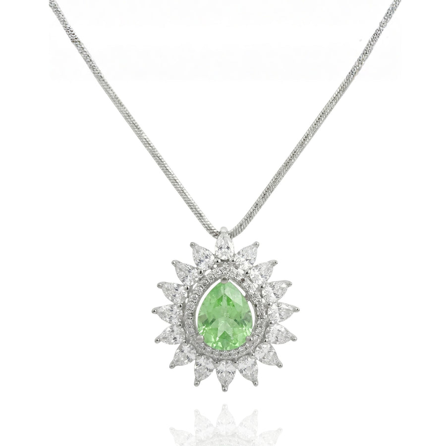 925 Silver Pear-Cut Green Gemstone Halo Necklace – Luxury Statement Pendant with Sparkling Crystal Frame