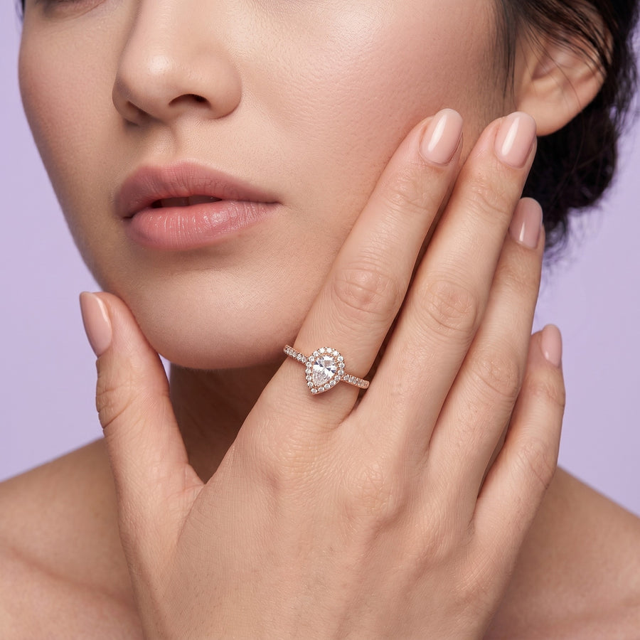 925 Sterling Silver Rose Gold Pear Halo CZ Ring