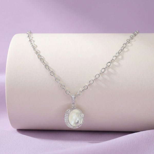 925 Silver Moon & Star Mother of Pearl Pendant Necklace – Celestial Minimalist Jewelry