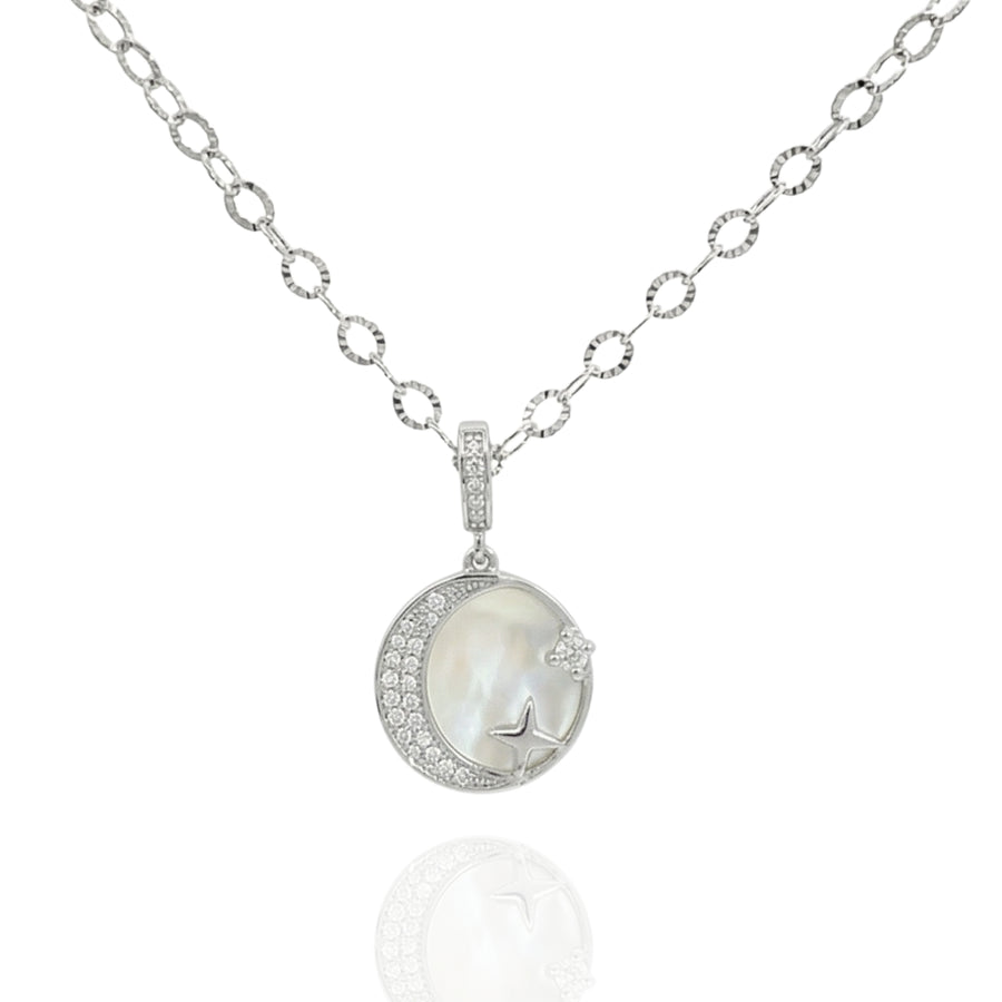 925 Silver Moon & Star Mother of Pearl Pendant Necklace – Celestial Minimalist Jewelry
