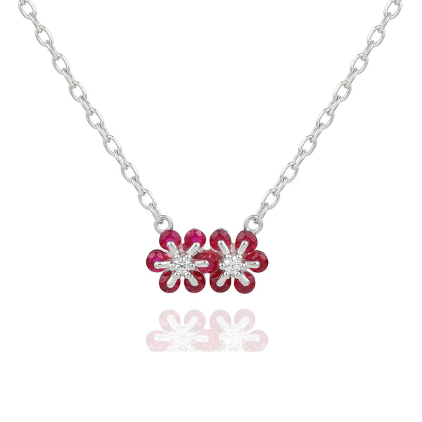 925 Silver Red Flower Pendant Necklace – Double Blossom CZ Floral Jewelry