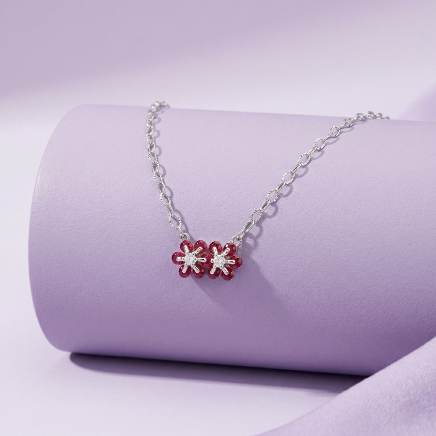 925 Silver Red Flower Pendant Necklace – Double Blossom CZ Floral Jewelry