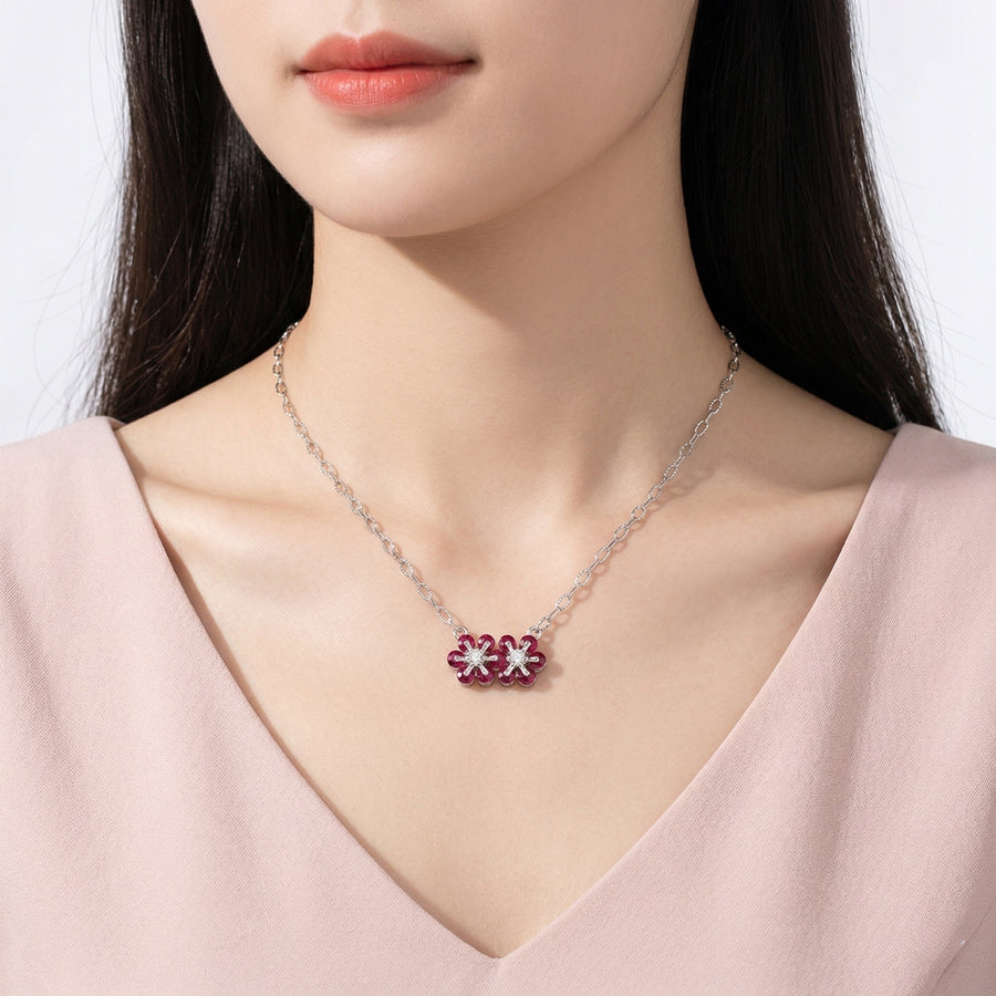 925 Silver Red Flower Pendant Necklace – Double Blossom CZ Floral Jewelry