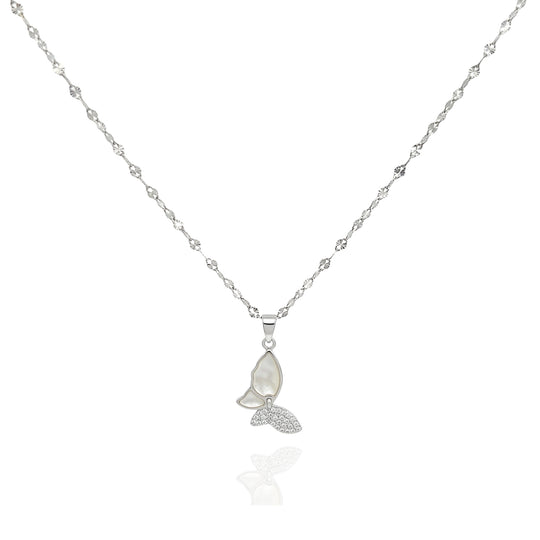 925 Silver Butterfly Pendant Necklace – Mother of Pearl CZ Wing Charm Jewelry