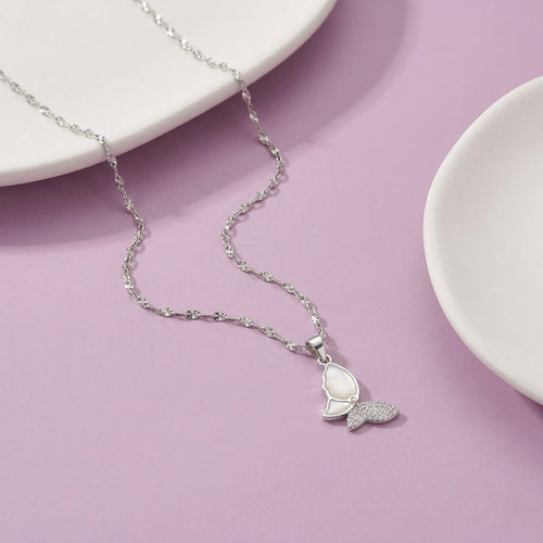 925 Silver Butterfly Pendant Necklace – Mother of Pearl CZ Wing Charm Jewelry