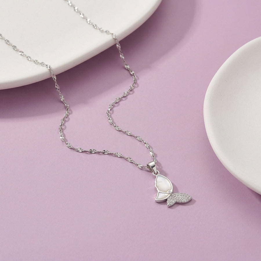 925 Silver Butterfly Pendant Necklace – Mother of Pearl CZ Wing Charm Jewelry
