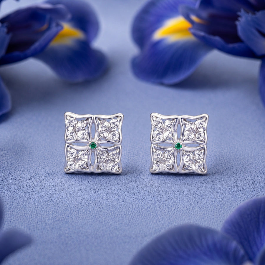 925 Silver Emerald Accent Cluster Stud Earrings