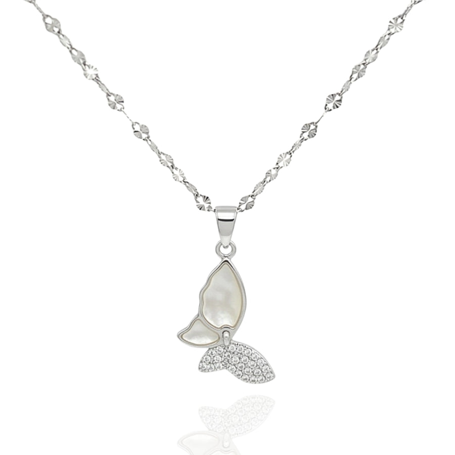 925 Silver Butterfly Pendant Necklace – Mother of Pearl CZ Wing Charm Jewelry