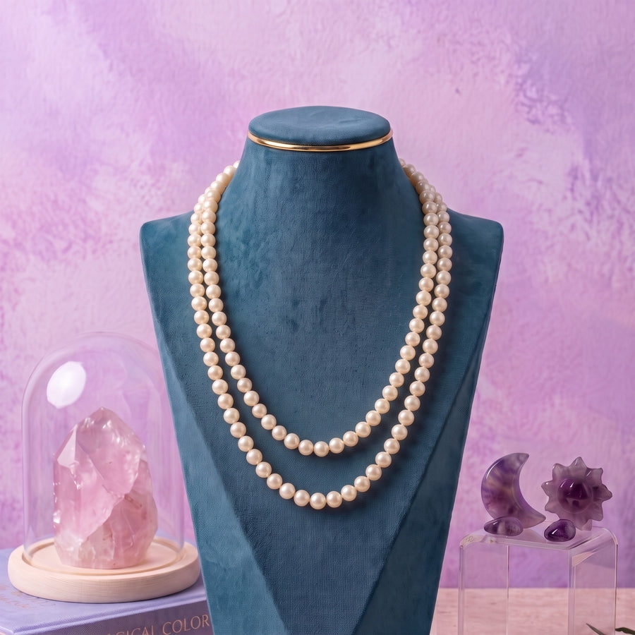 Freshwater Round Pearl Necklace 5mm, 22-Inch Double Strand Pearl Necklace with Gold-Tone Clasp