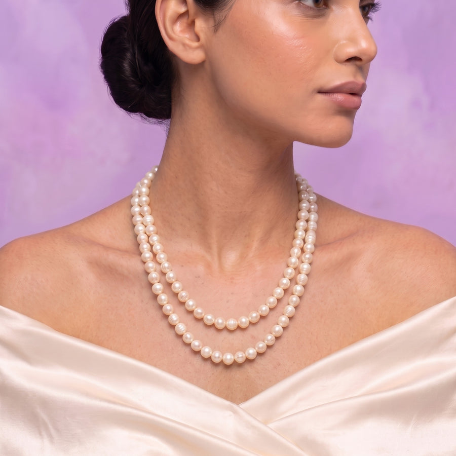 Freshwater Round Pearl Necklace 5mm, 22-Inch Double Strand Pearl Necklace with Gold-Tone Clasp