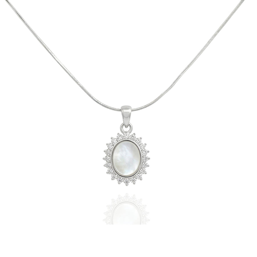 925 Silver Oval Mother of Pearl Halo Pendant Necklace – CZ Vintage Style Jewelry