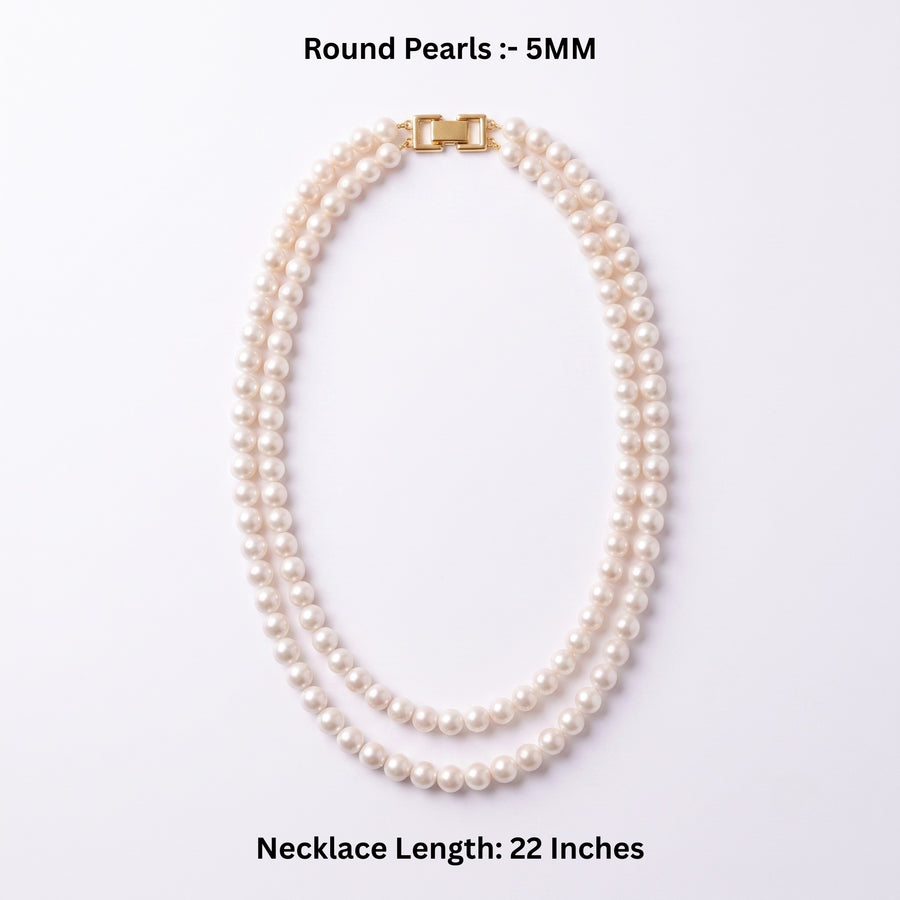Freshwater Round Pearl Necklace 5mm, 22-Inch Double Strand Pearl Necklace with Gold-Tone Clasp