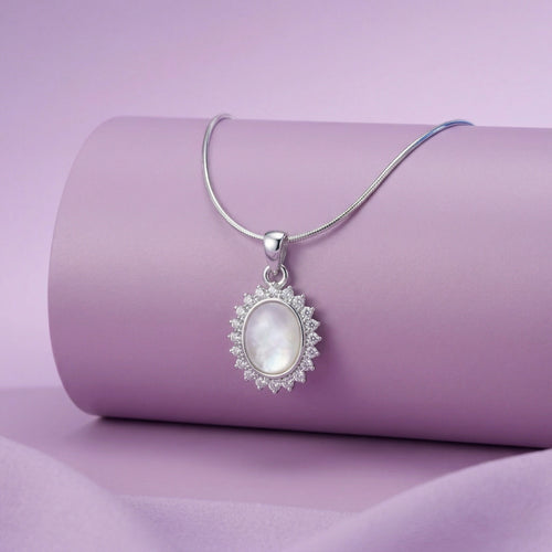 925 Silver Oval Mother of Pearl Halo Pendant Necklace – CZ Vintage Style Jewelry