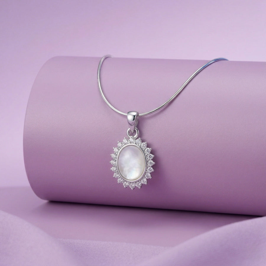 925 Silver Oval Mother of Pearl Halo Pendant Necklace – CZ Vintage Style Jewelry