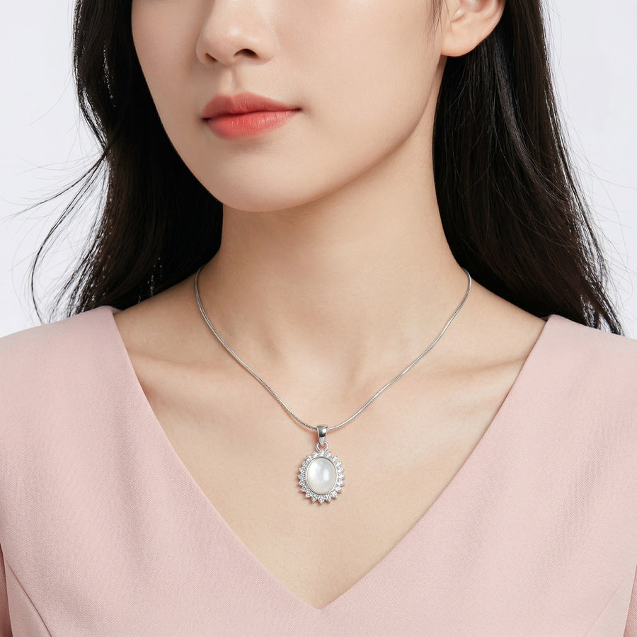 925 Silver Oval Mother of Pearl Halo Pendant Necklace – CZ Vintage Style Jewelry