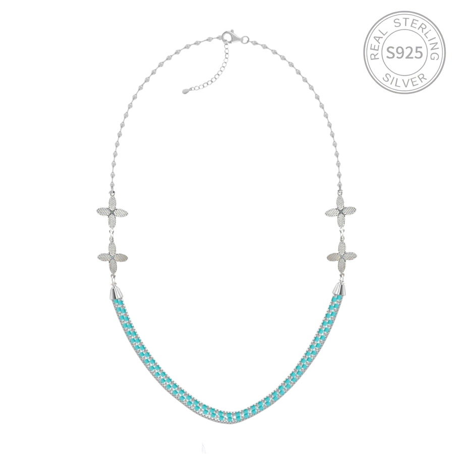 925 Silver Turquoise Tennis Necklace – Floral Accent Statement Chain Necklace