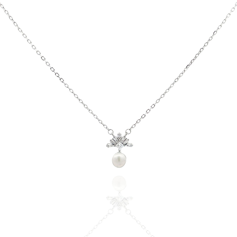 925 Silver Pearl Drop Necklace & Earrings Set – Elegant Zircon Floral Jewelry Set for Women