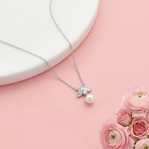 925 Silver Pearl Drop Necklace & Earrings Set – Elegant Zircon Floral Jewelry Set for Women