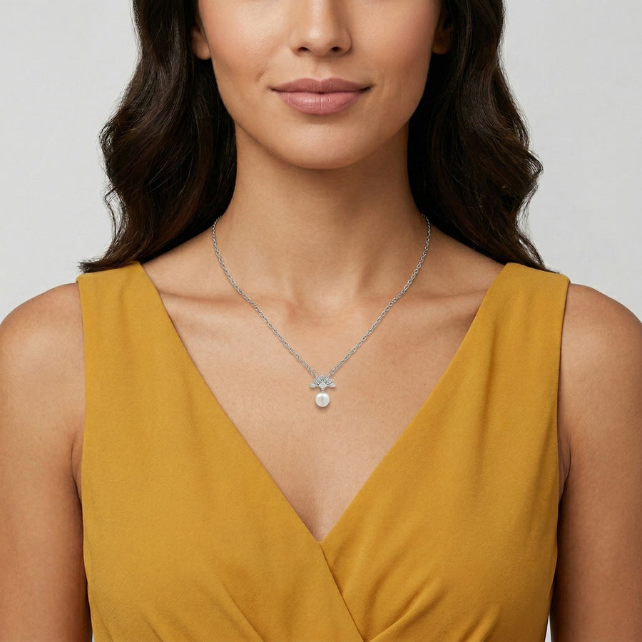 925 Silver Pearl Drop Necklace & Earrings Set – Elegant Zircon Floral Jewelry Set for Women