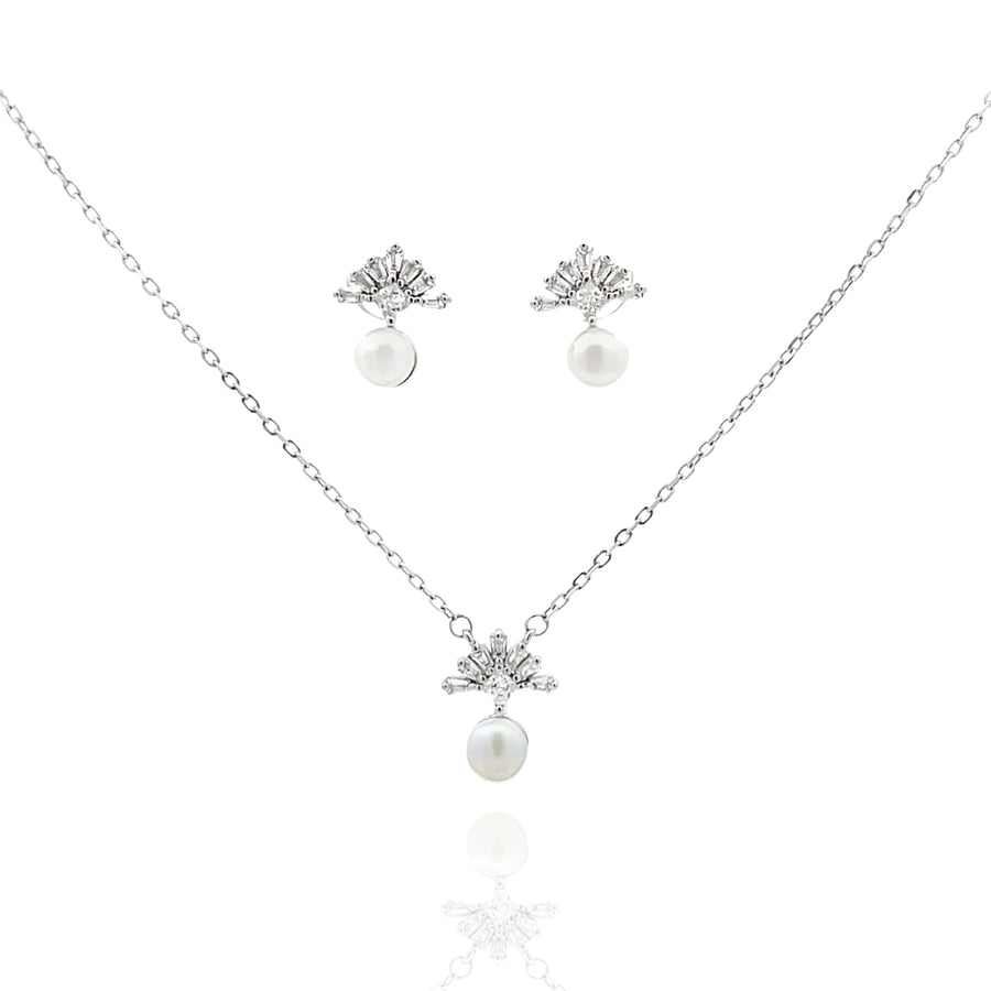 925 Silver Pearl Drop Necklace & Earrings Set – Elegant Zircon Floral Jewelry Set for Women