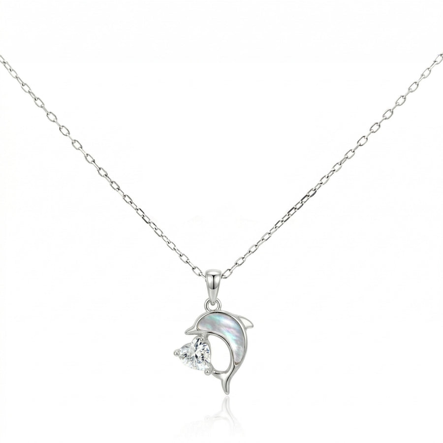 925 Silver Dolphin Heart Zircon Pendant Necklace & Earrings Set – Elegant Pearl Shell Jewelry for Women