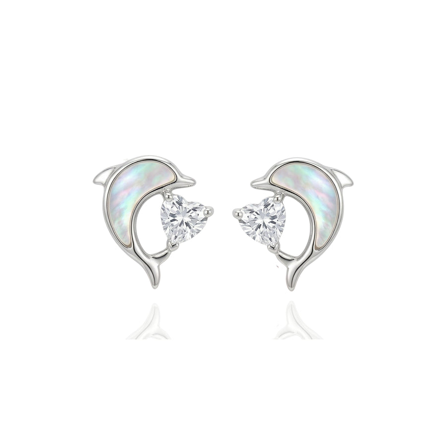 925 Silver Dolphin Heart Zircon Pendant Necklace & Earrings Set – Elegant Pearl Shell Jewelry for Women