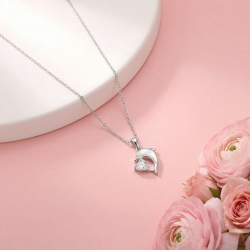 925 Silver Dolphin Heart Zircon Pendant Necklace & Earrings Set – Elegant Pearl Shell Jewelry for Women