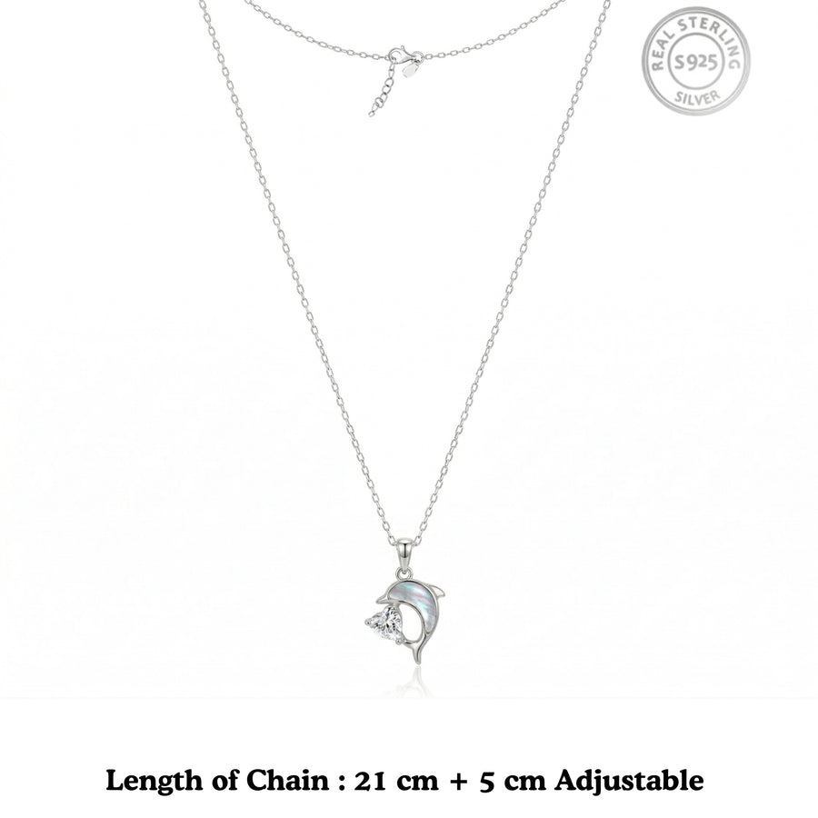 925 Silver Dolphin Heart Zircon Pendant Necklace & Earrings Set – Elegant Pearl Shell Jewelry for Women